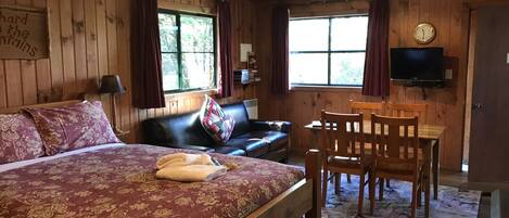 A wooden room with a bed, a sofa, a TV, and a table.