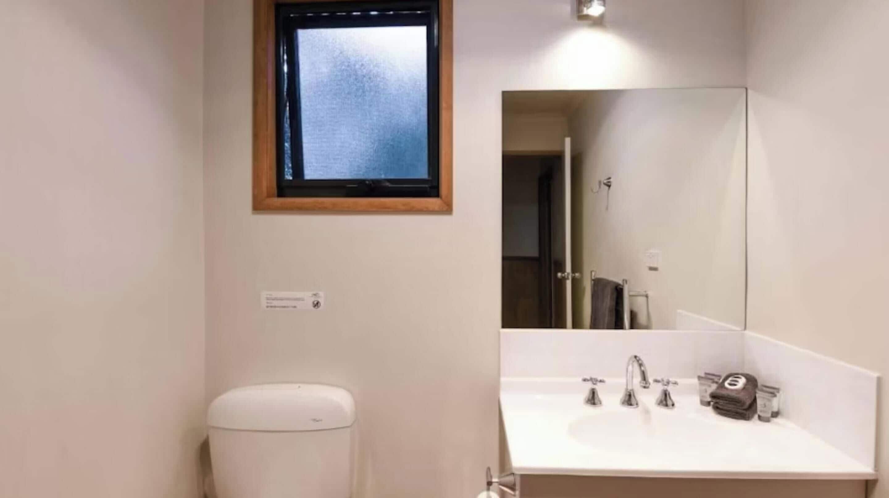 A bathroom with a white toilet, a sink with three faucets, and a mirror.