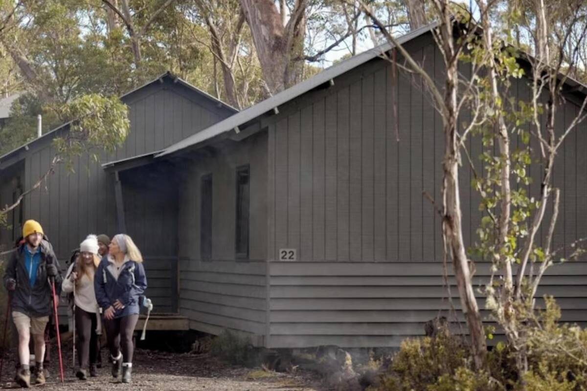 A rustic cabin with a number '22' on the side, surrounded by trees.