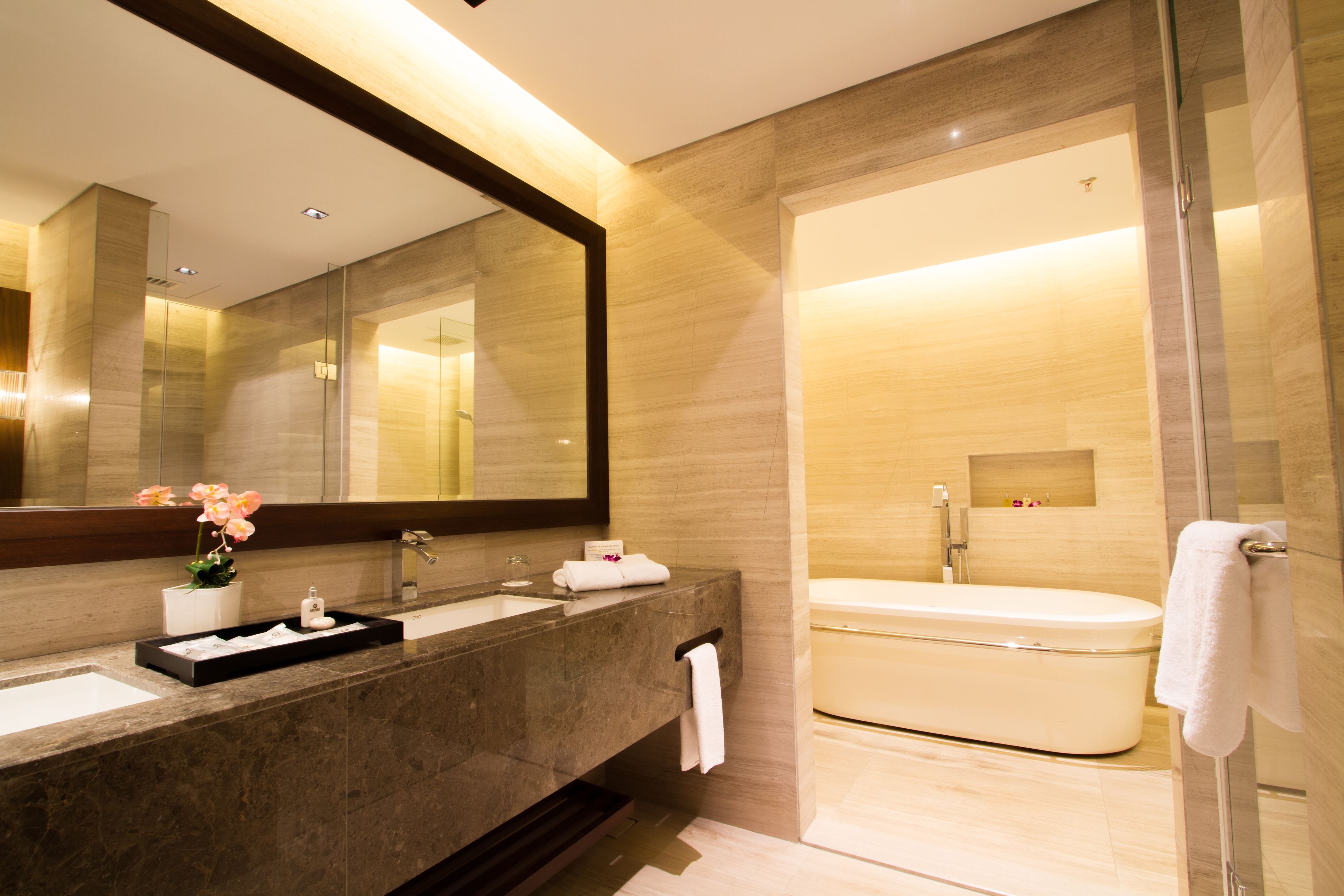 premier suite | bathroom | shower, rainfall showerhead, free toiletries, hair dryer