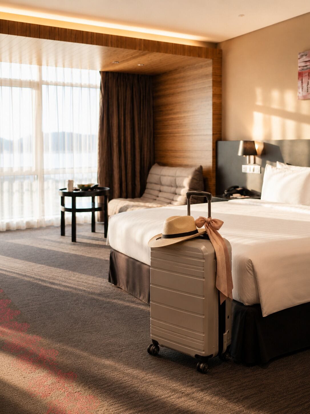 Habitación de hotel con una cama grande, una maleta, una mesita de noche y vistas al exterior.