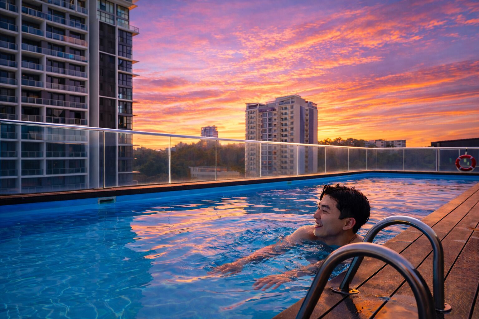 Une piscine avec vue sur le coucher de soleil, une chaise longue au bord de la piscine et un flotteur de sauvetage.