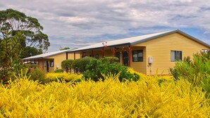 A yellow building with a flat roof, surrounded by green shrubs and yellow flowering plants. - Marsden Court Apartments (Strahan)