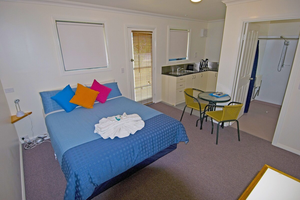 A bedroom with a bed, pillows, a bedside table, a small desk with a chair, a bathroom with a shower, and a kitchenette.