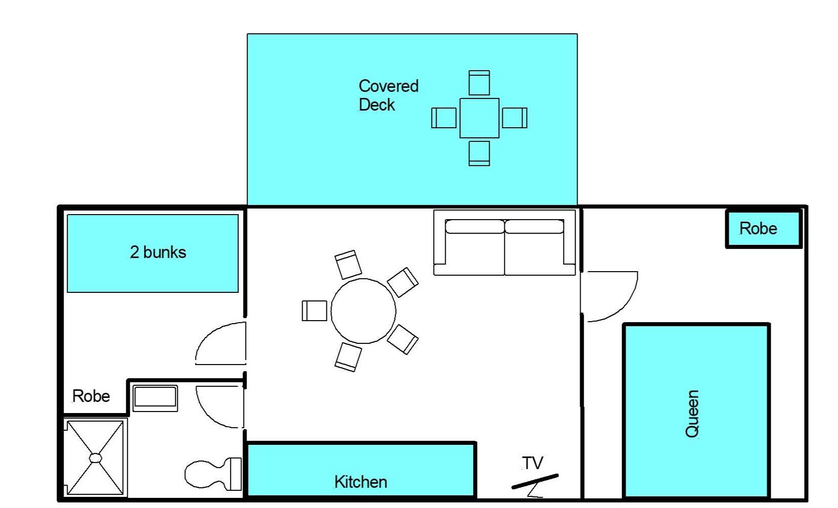 Ein Grundriss mit einer überdachten Terrasse, zwei Etagenbetten, einer Küche, einem Fernseher und einem Queensize-Bett.