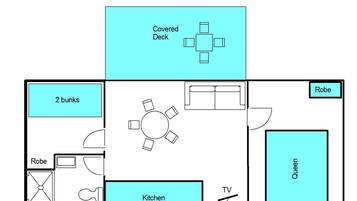 Ein Grundriss mit einer überdachten Terrasse, zwei Etagenbetten, einer Küche, einem Fernseher und einem Queensize-Bett.