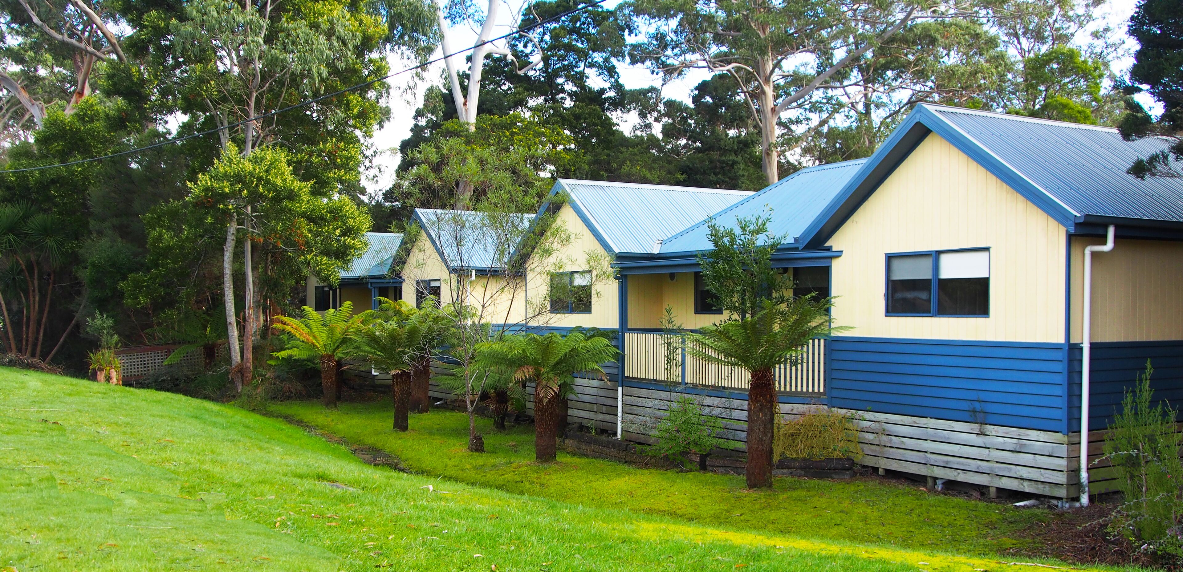 A row of cabins with blue roofs and beige walls, surrounded by lush greenery and trees.