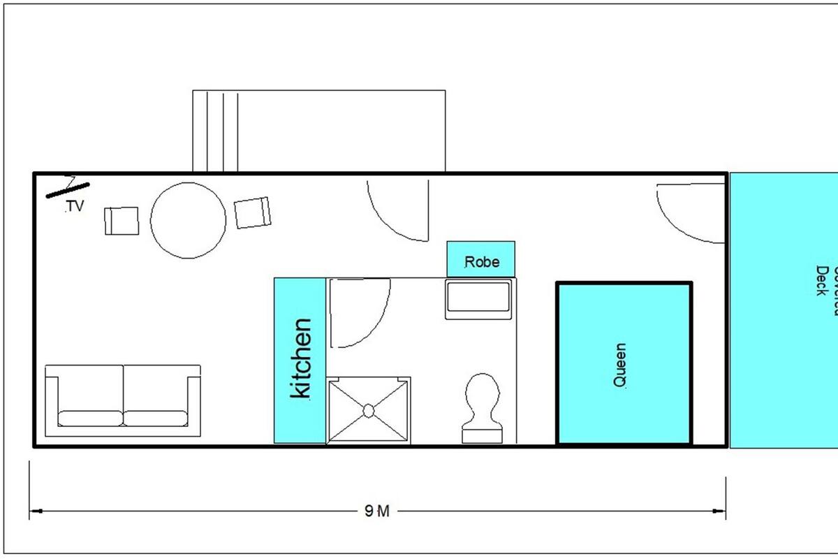 Hytte – superior, 1 queensize-seng | Planløsning