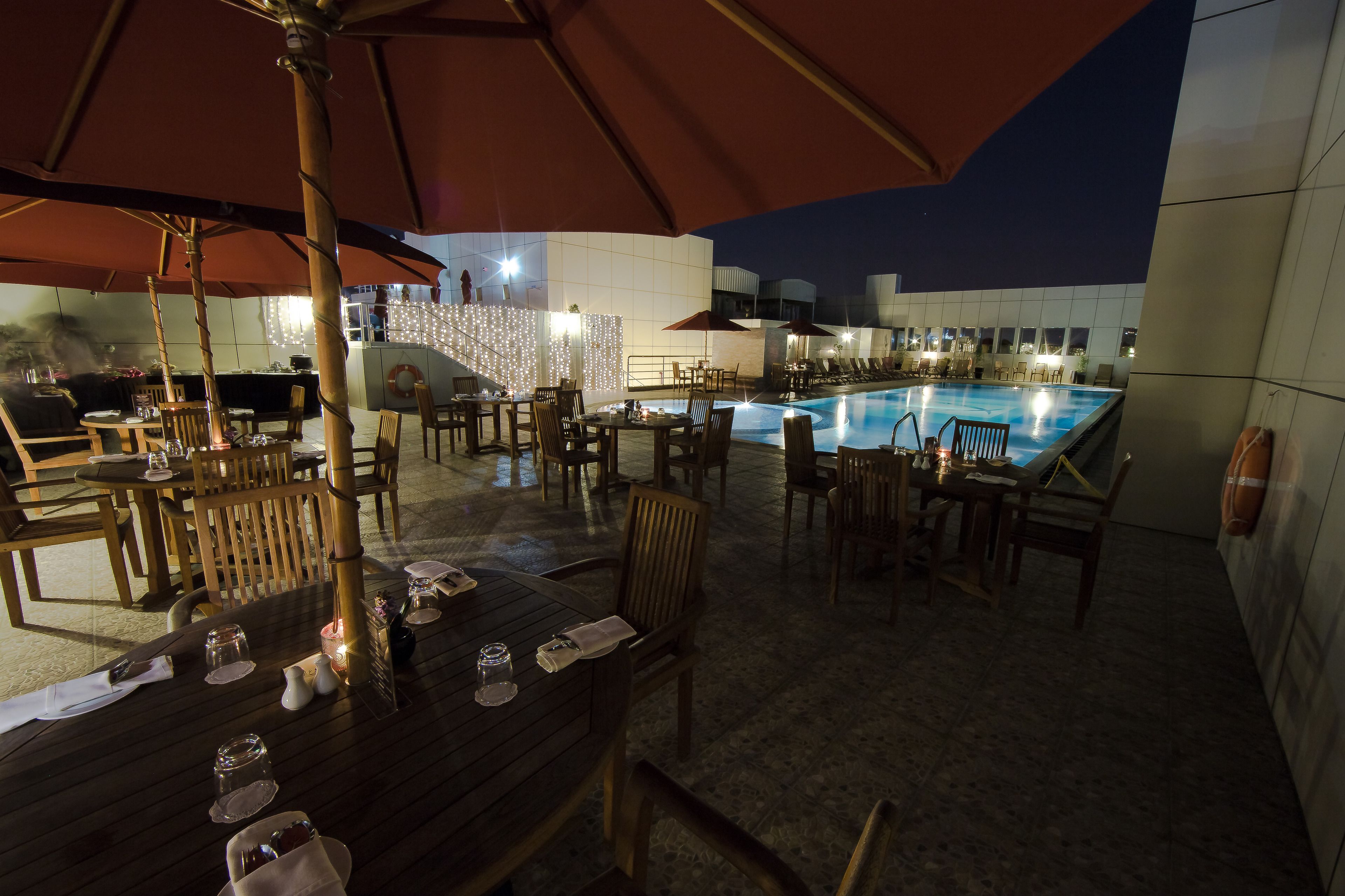 Outdoor pool, pool umbrellas