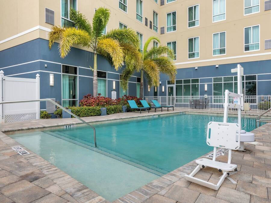 Outdoor pool, pool umbrellas, pool loungers