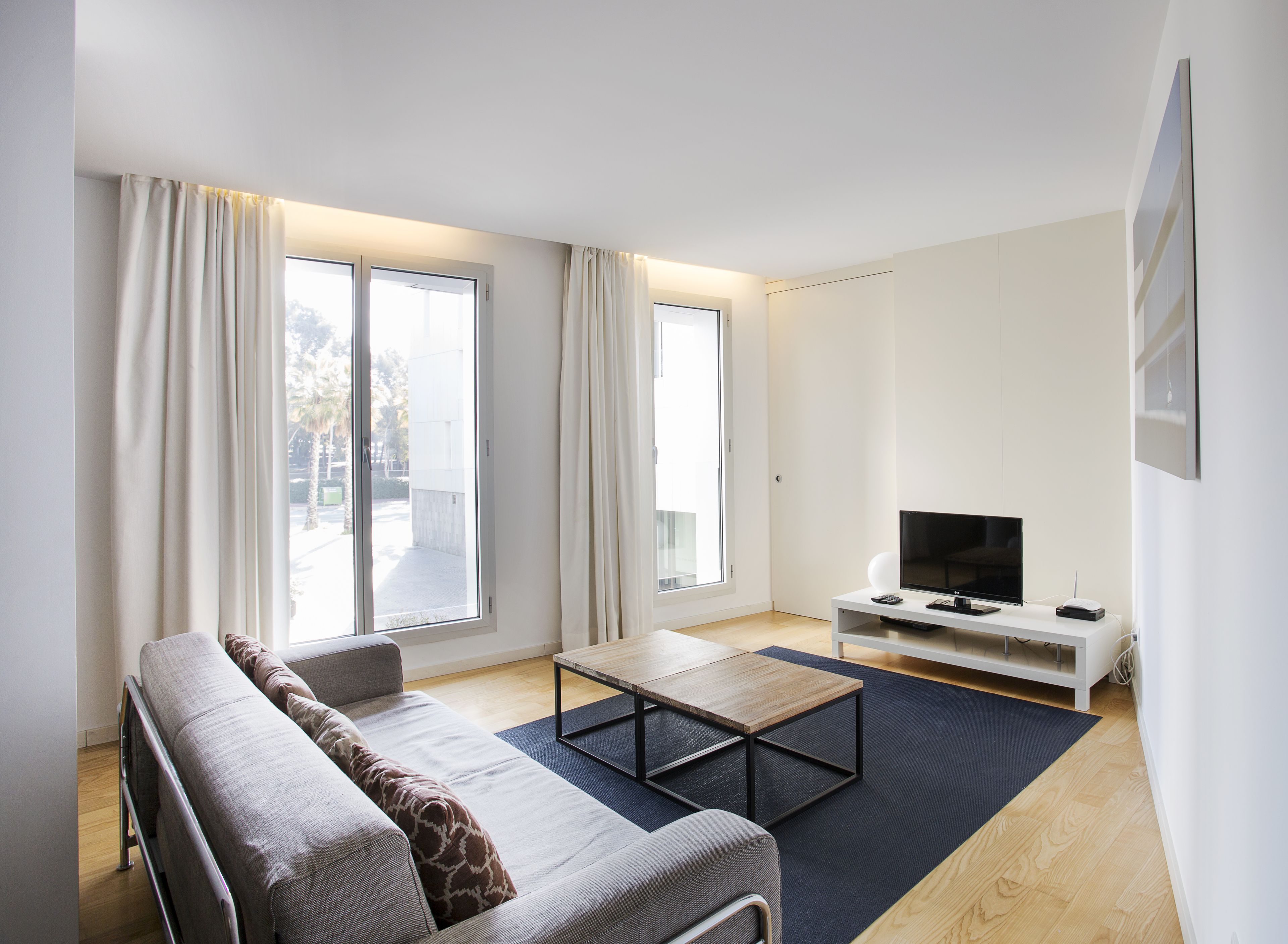 A modern living room with a sofa, a coffee table, and a TV on a stand.