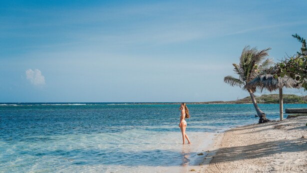 A beach with clear water, a person standing by the shore, and palm trees. - Barefoot Cay Resort (Roatan)