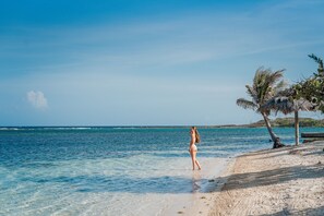 A beach with clear water, a person standing by the shore, and palm trees. - Barefoot Cay Resort (Roatan)