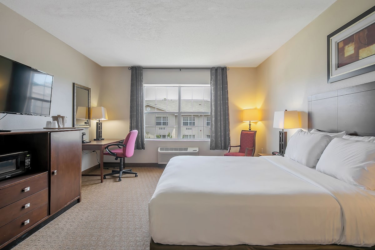 A hotel room with a large bed, a desk with a computer, a TV, and a window with curtains.