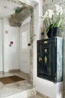 Un couloir avec un mur en pierre, un meuble noir orné d’une plante et une porte dotée d’une fenêtre à carreaux.