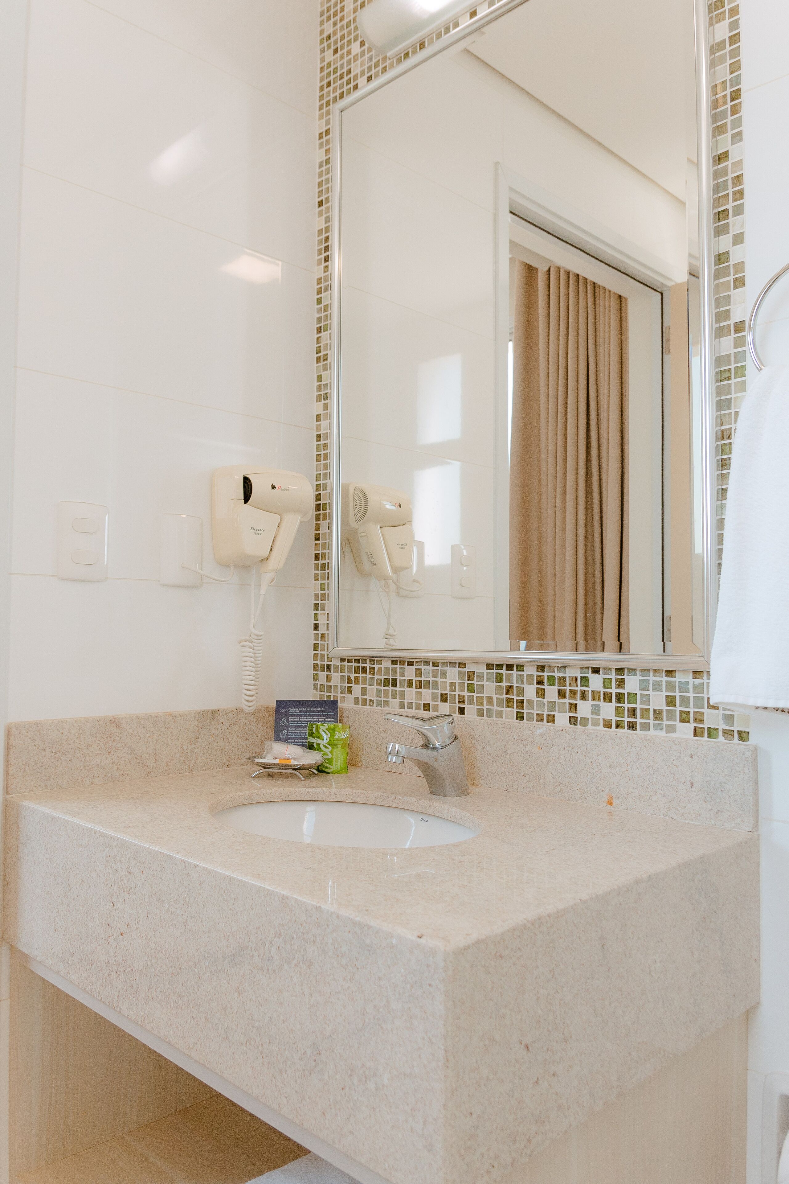 standard double room | bathroom | shower, hair dryer, towels