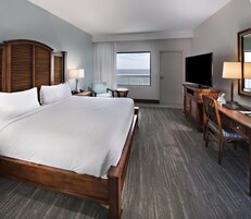 A hotel room with a large bed, a desk with a television, a chair, and a view of the ocean.