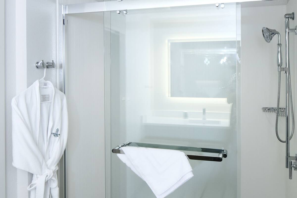Shower, free toiletries, hair dryer, towels