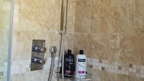 Een badkamer met een douche, een handdoekhouder en twee flessen toiletartikelen.