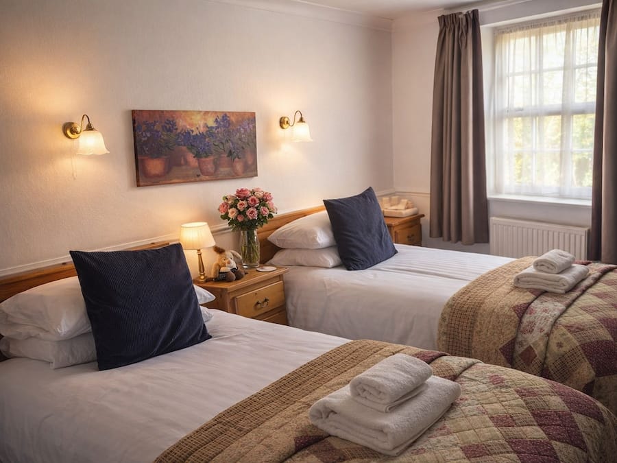 Una habitación de hotel con dos camas, un cuadro, apliques de pared, un ventanal con cortinas y una mesita de noche con una lámpara y flores.