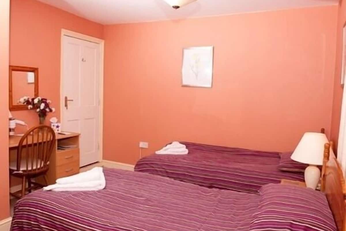 A bedroom with two beds, a desk with a chair, a lamp, and a mirror on the wall.