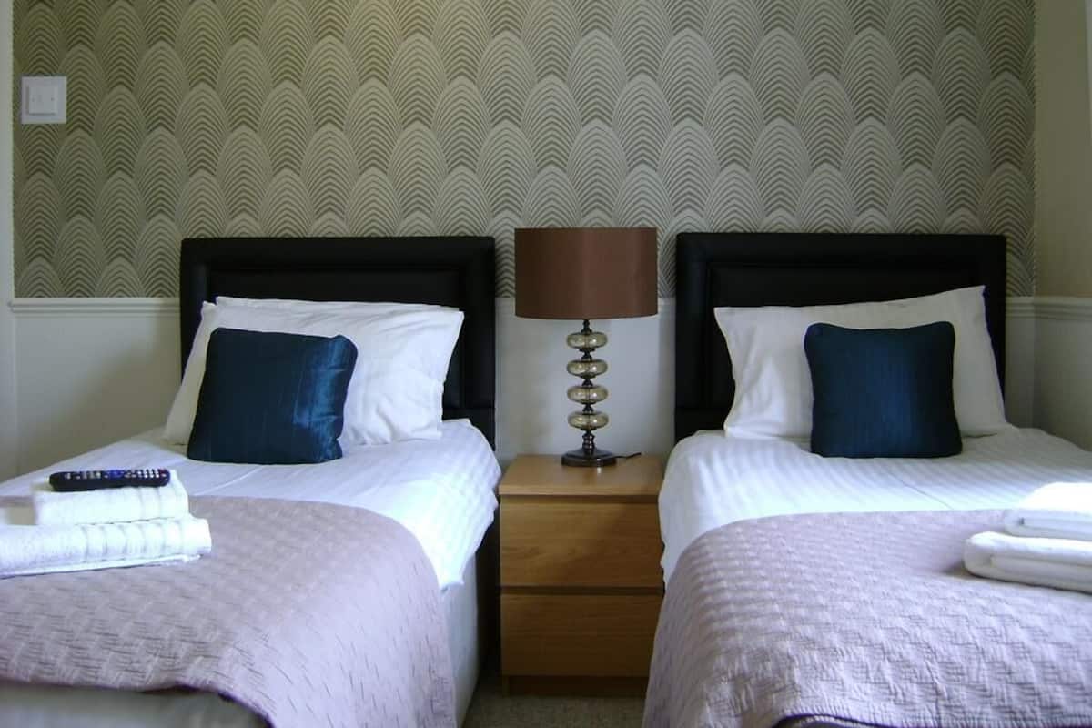 A hotel room with two single beds, each with a pillow, a bedside table with a lamp, and a remote control on the left bed.