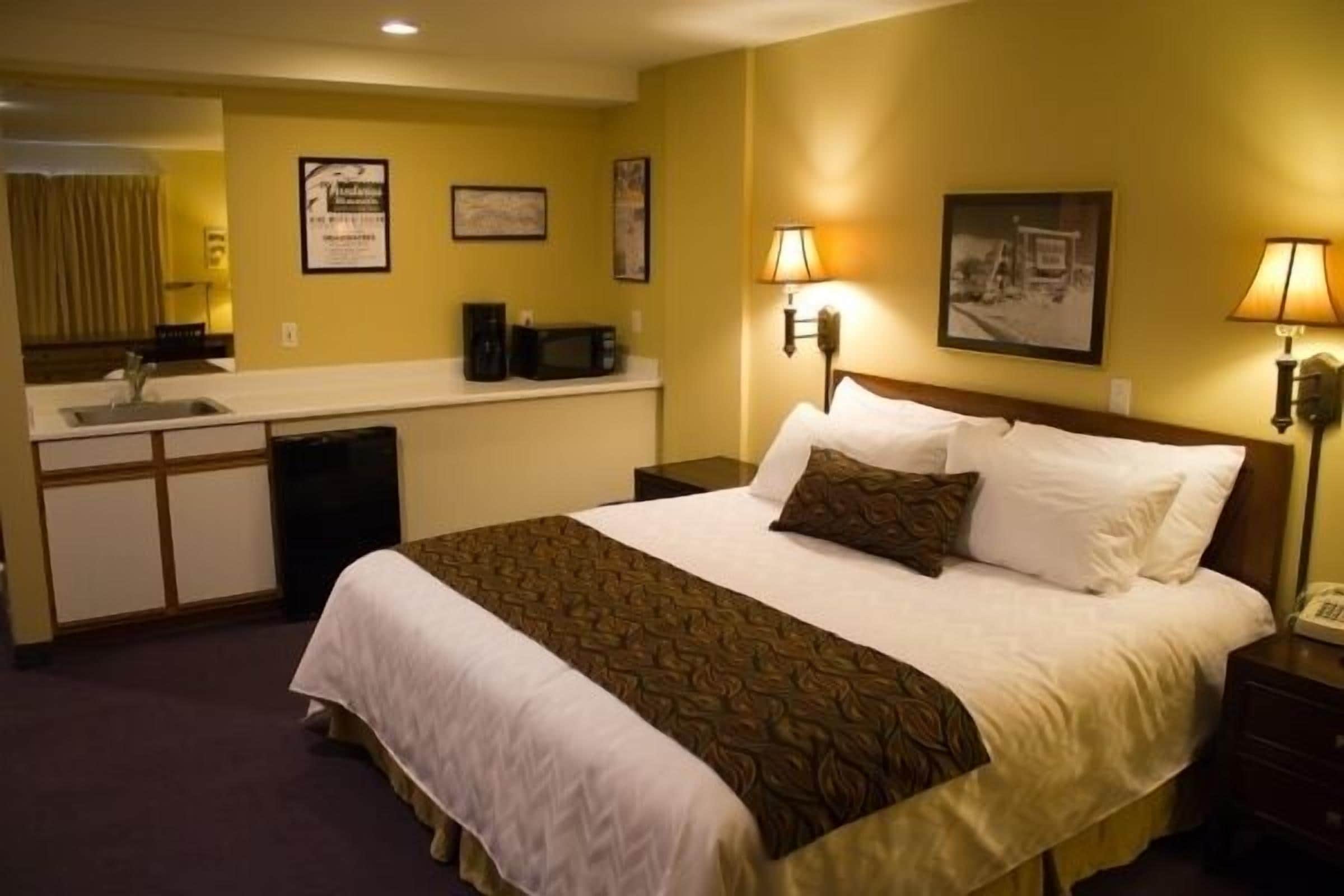 A hotel room with a bed, bedside lamps, a microwave, a sink, and a framed picture on the wall.