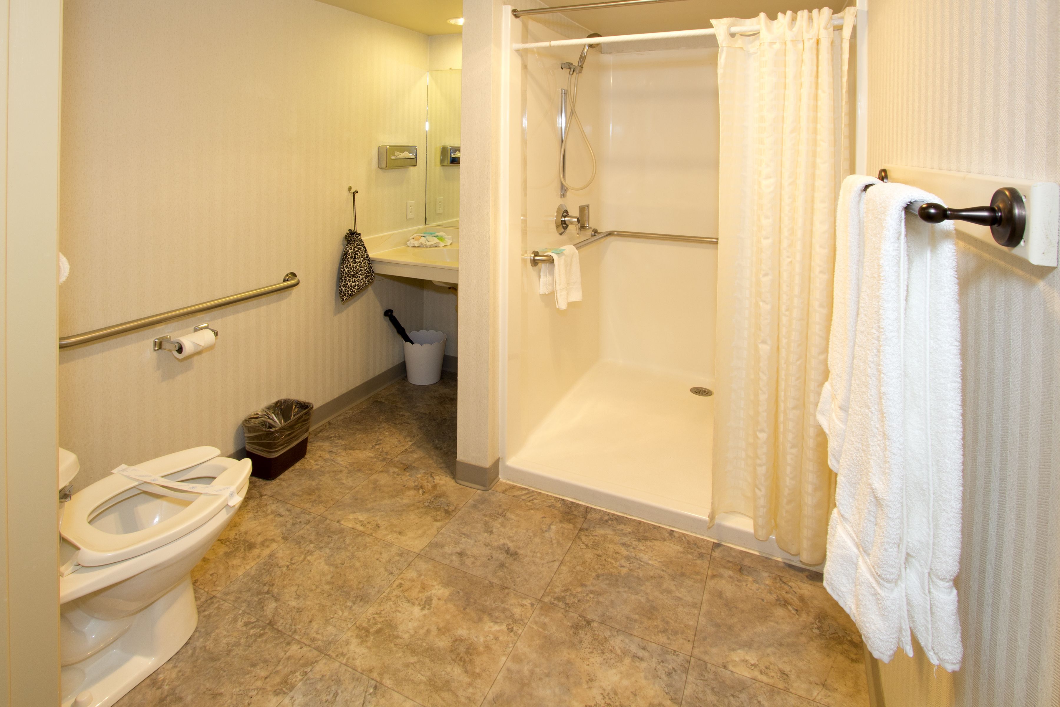 A bathroom with a toilet, a shower, and a sink.