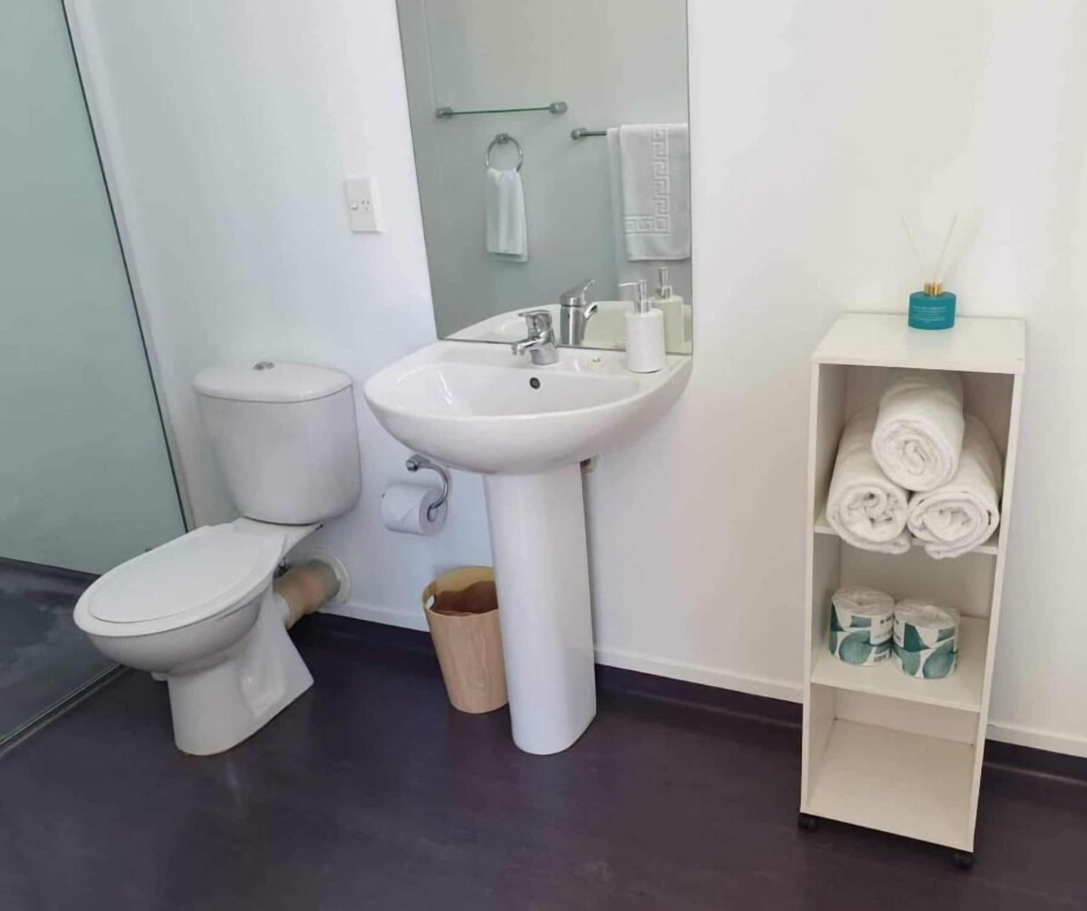 Une salle de bain avec des toilettes, un lavabo et une étagère où sont rangées les serviettes.