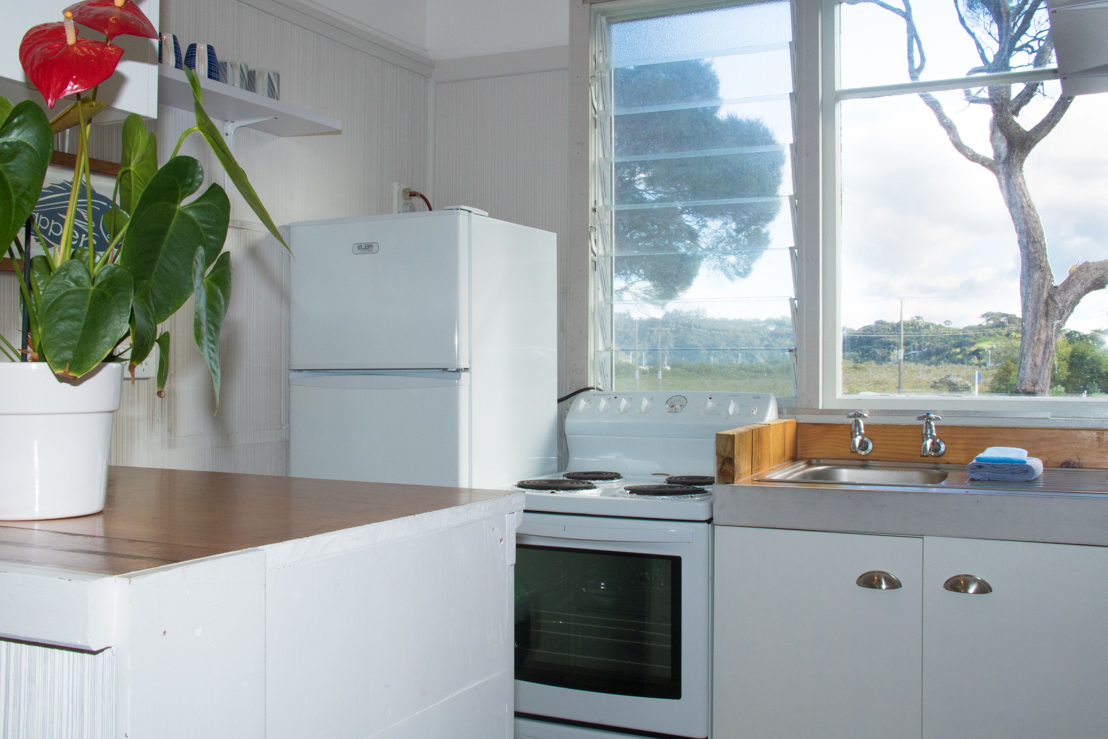A kitchen with white cabinets, a stove, a refrigerator, a window with a view of trees, and a potted plant with red flowers.