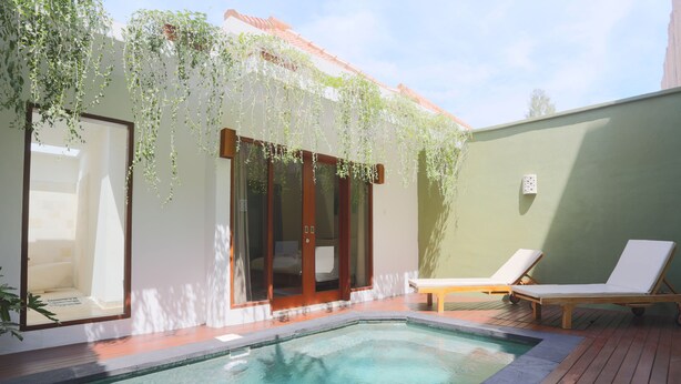 Una piscina con muelle de madera, puerta de cristal y pared verde adornada con plantas colgantes blancas.