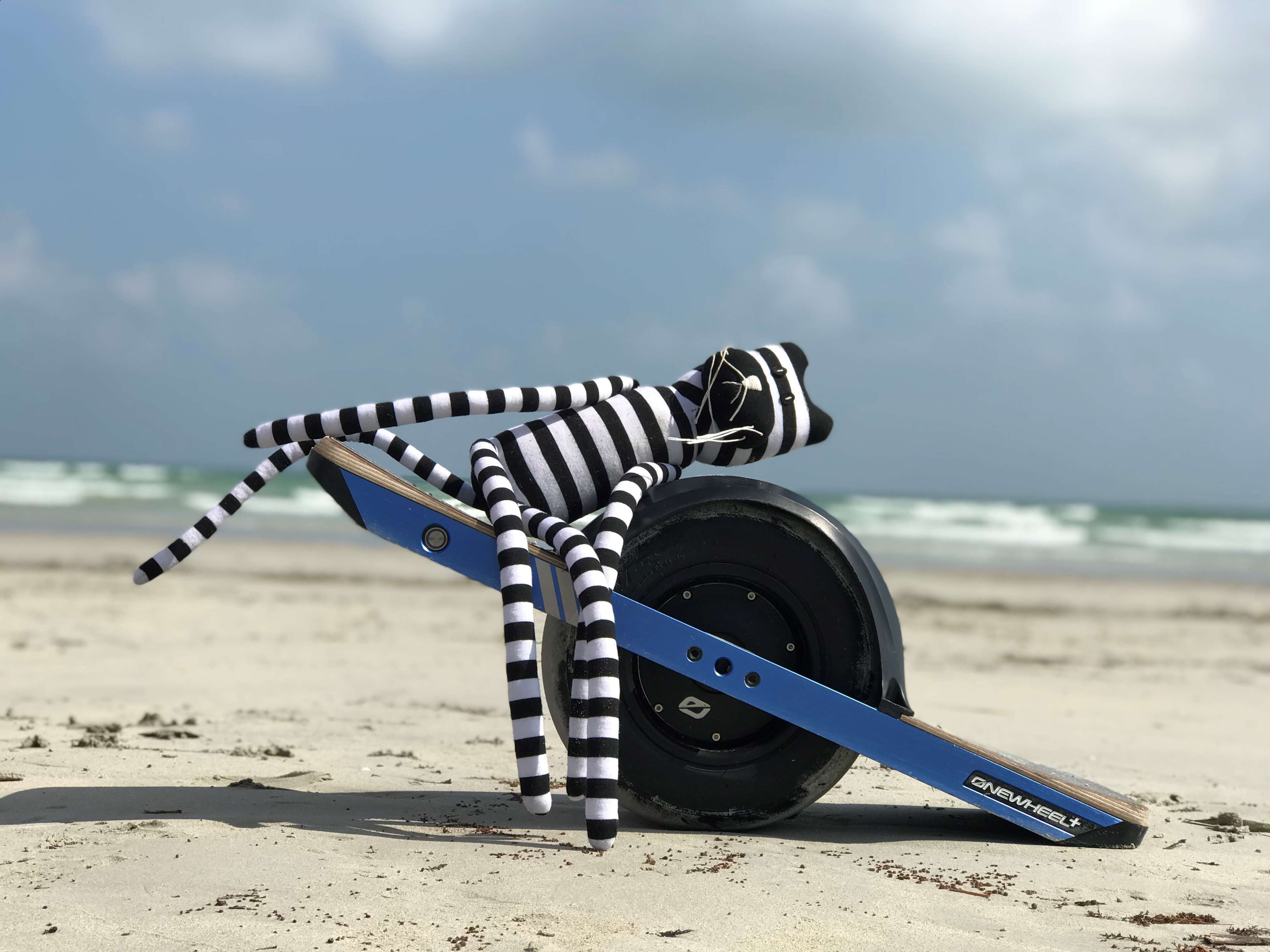 Una figura a rayas negras y blancas apoyada contra un objeto azul en una playa arenosa, con el océano al fondo.