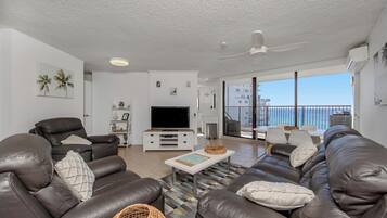 Premium Apartment, 2 Bedrooms, Ocean View, Sea Facing | Living area | 48-inch flat-screen TV with cable channels, TV