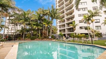 Outdoor pool, a heated pool, pool loungers