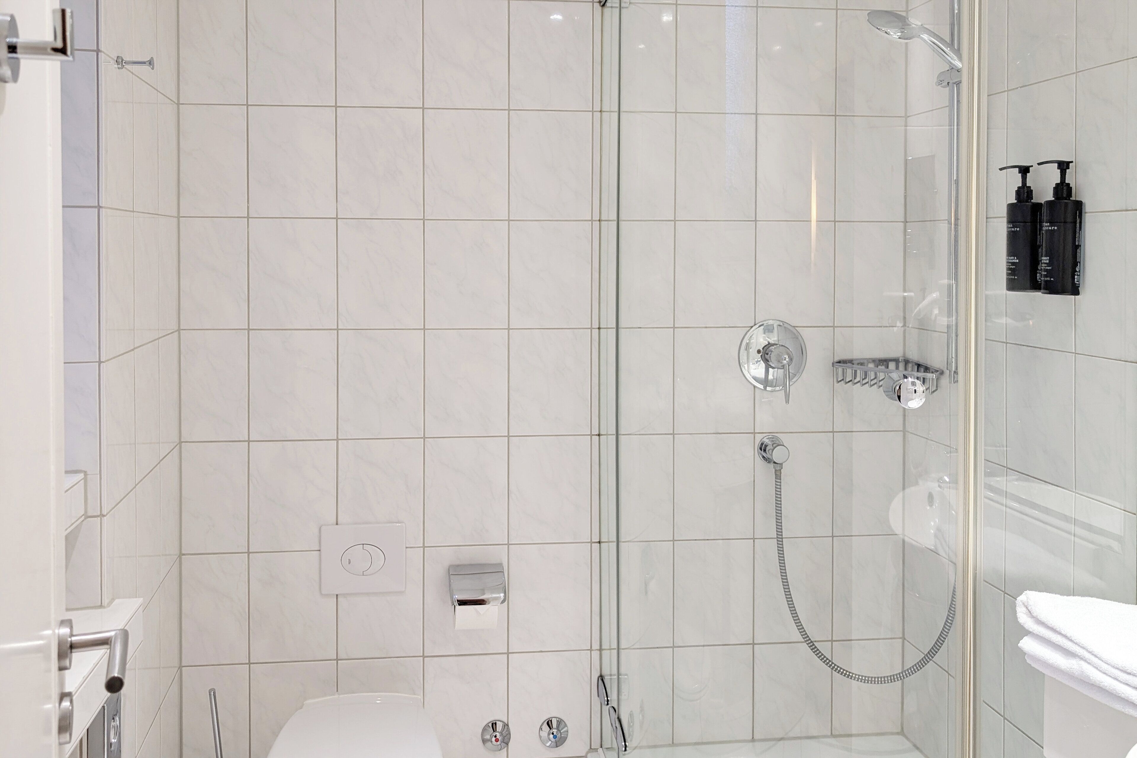A modern bathroom with a glass-enclosed shower, a toilet, and a sink.