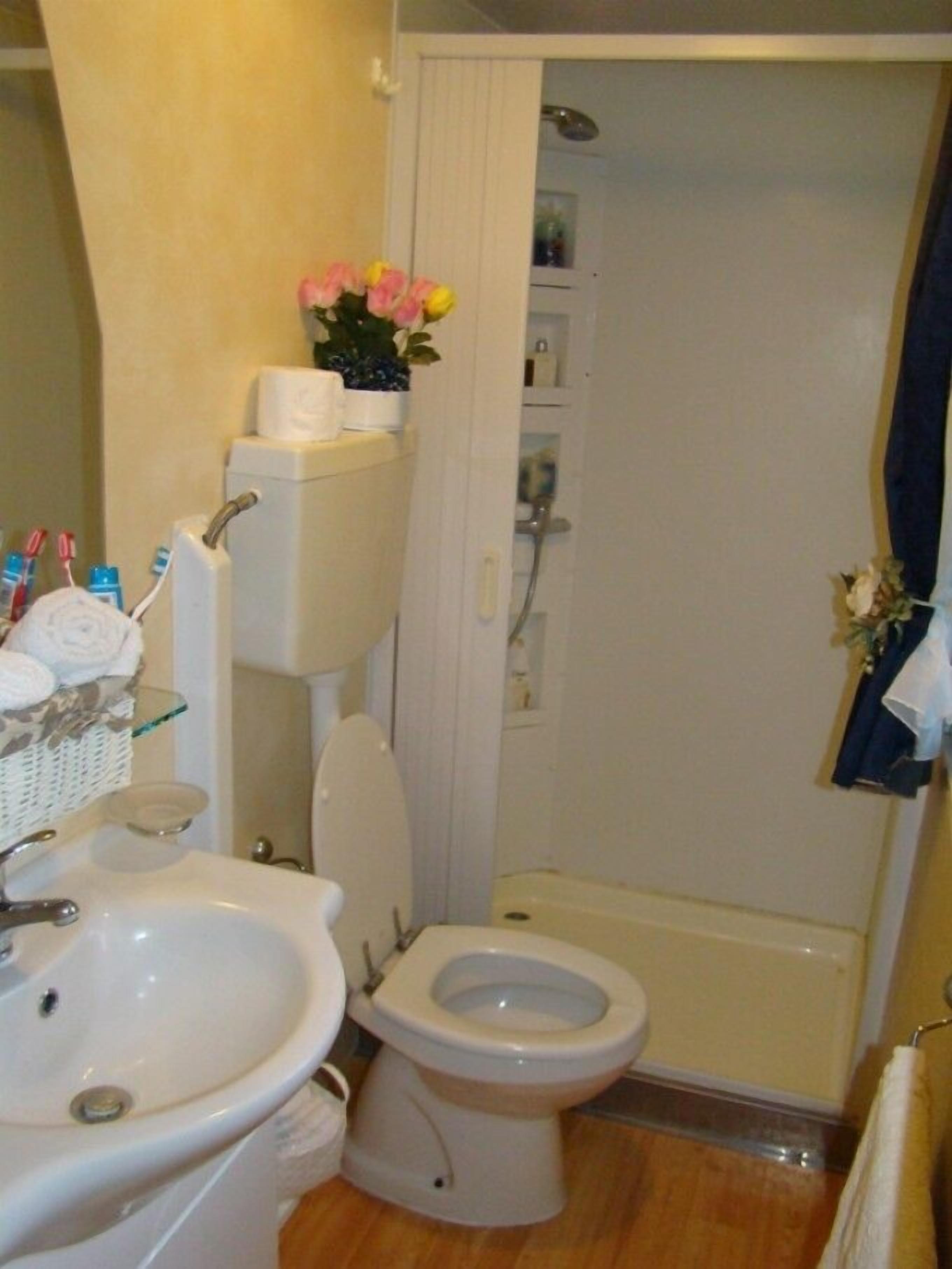 Een badkamer met toilet, wastafel en douche.