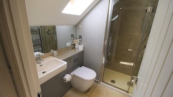 A modern bathroom with a glass-enclosed shower, a sink, and a toilet.