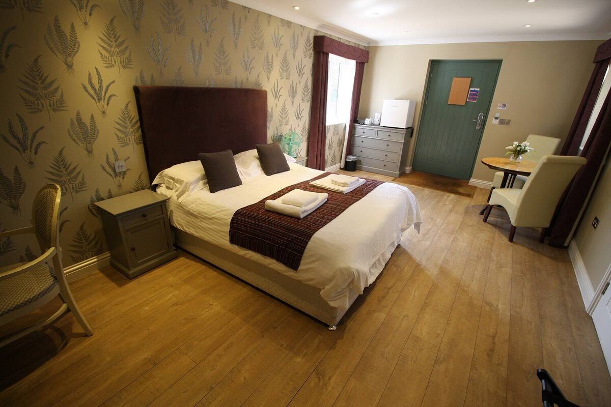 A hotel room with a large bed, a bedside table, a chair, a desk, and a small table with a plant.