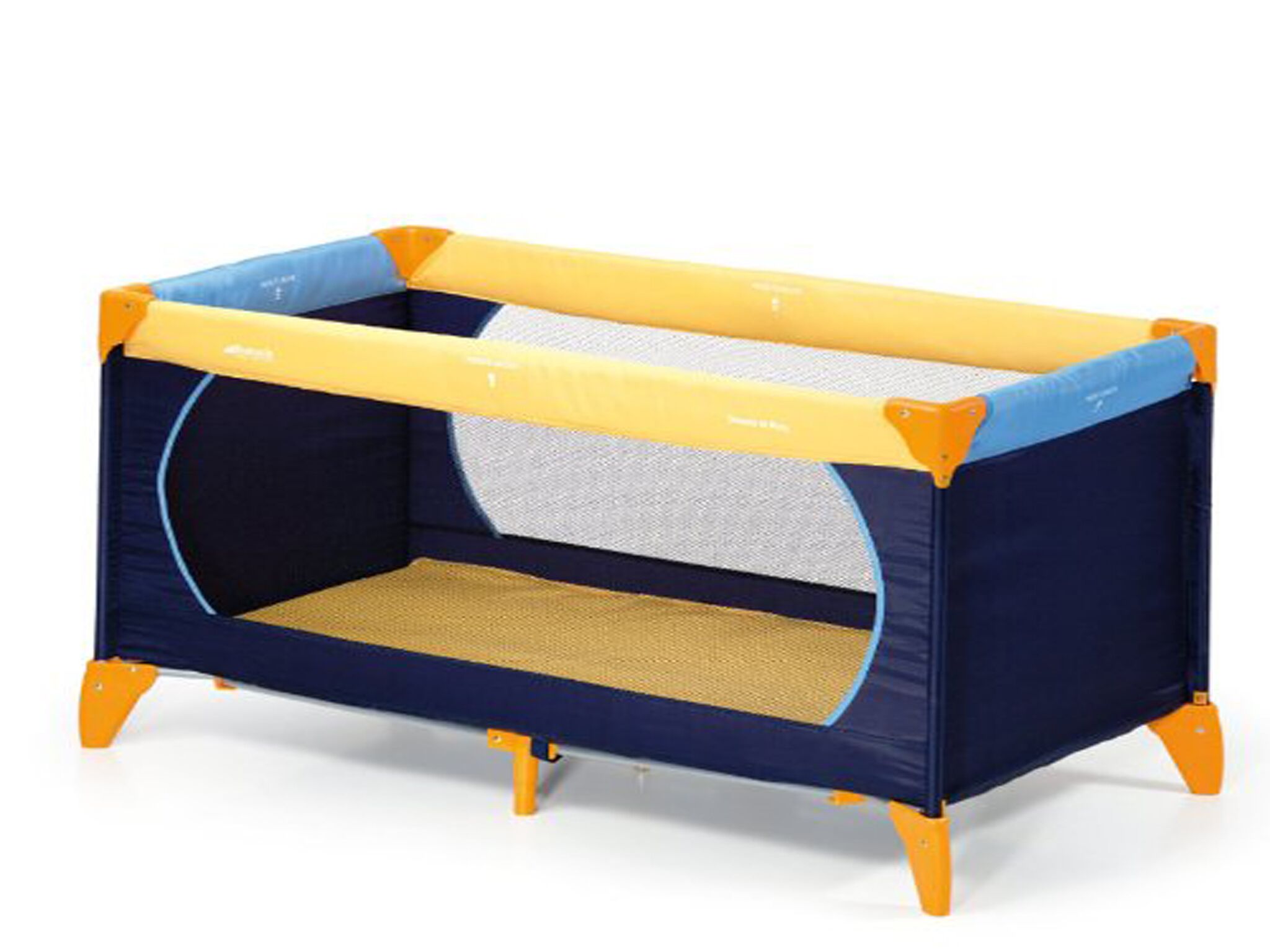 A blue and yellow playpen with a mesh floor and a padded top.