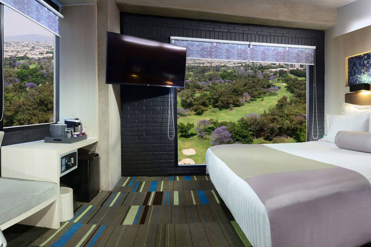 Habitación de hotel moderna con una cama grande, un escritorio, un televisor de pantalla plana y ventana con vistas a un parque y al paisaje urbano.