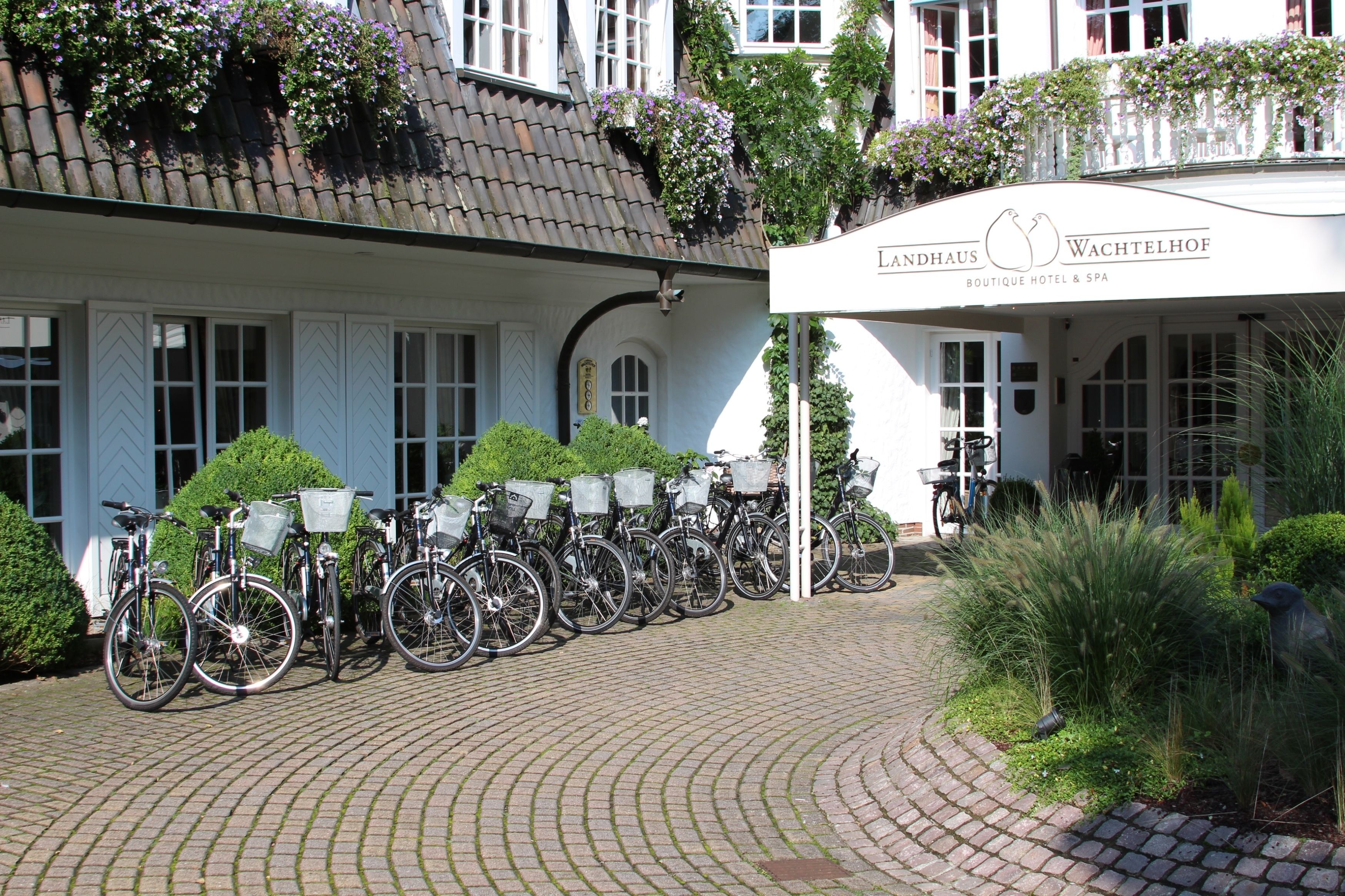Un hotel boutique con una fila de bicicletas estacionadas afuera.