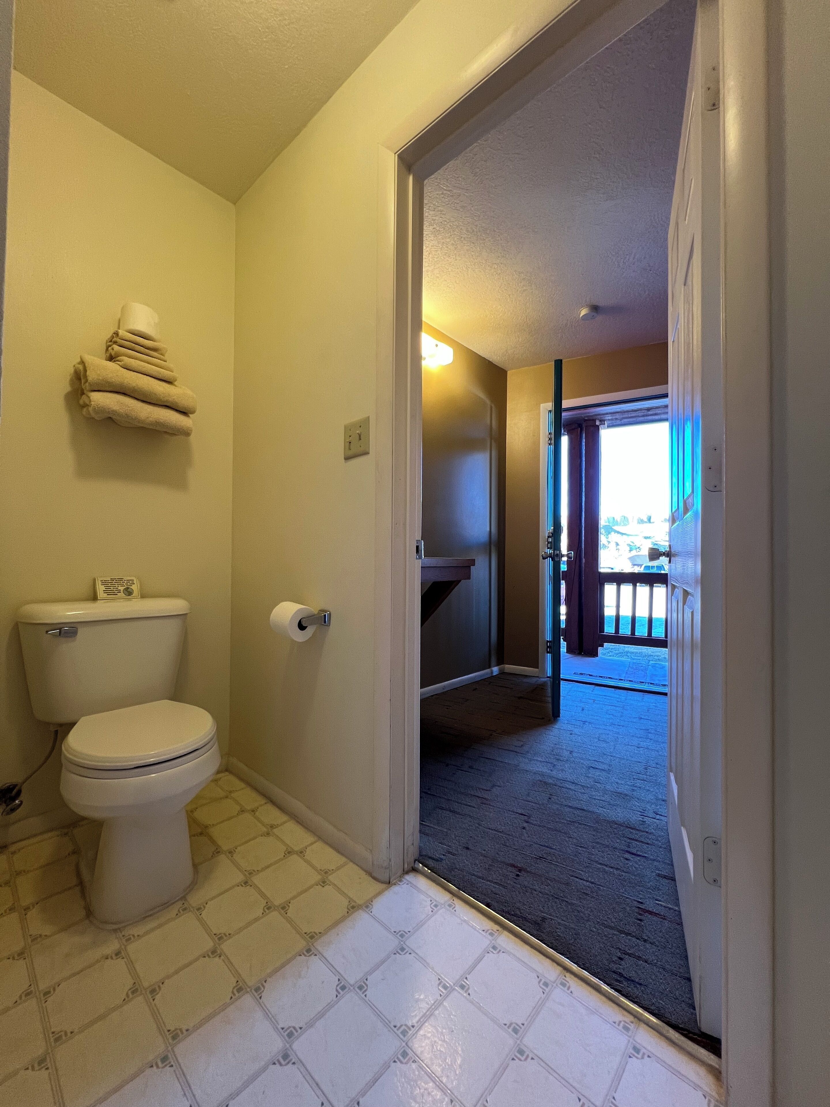 A bathroom with a toilet, a towel rack, and a roll of toilet paper.
