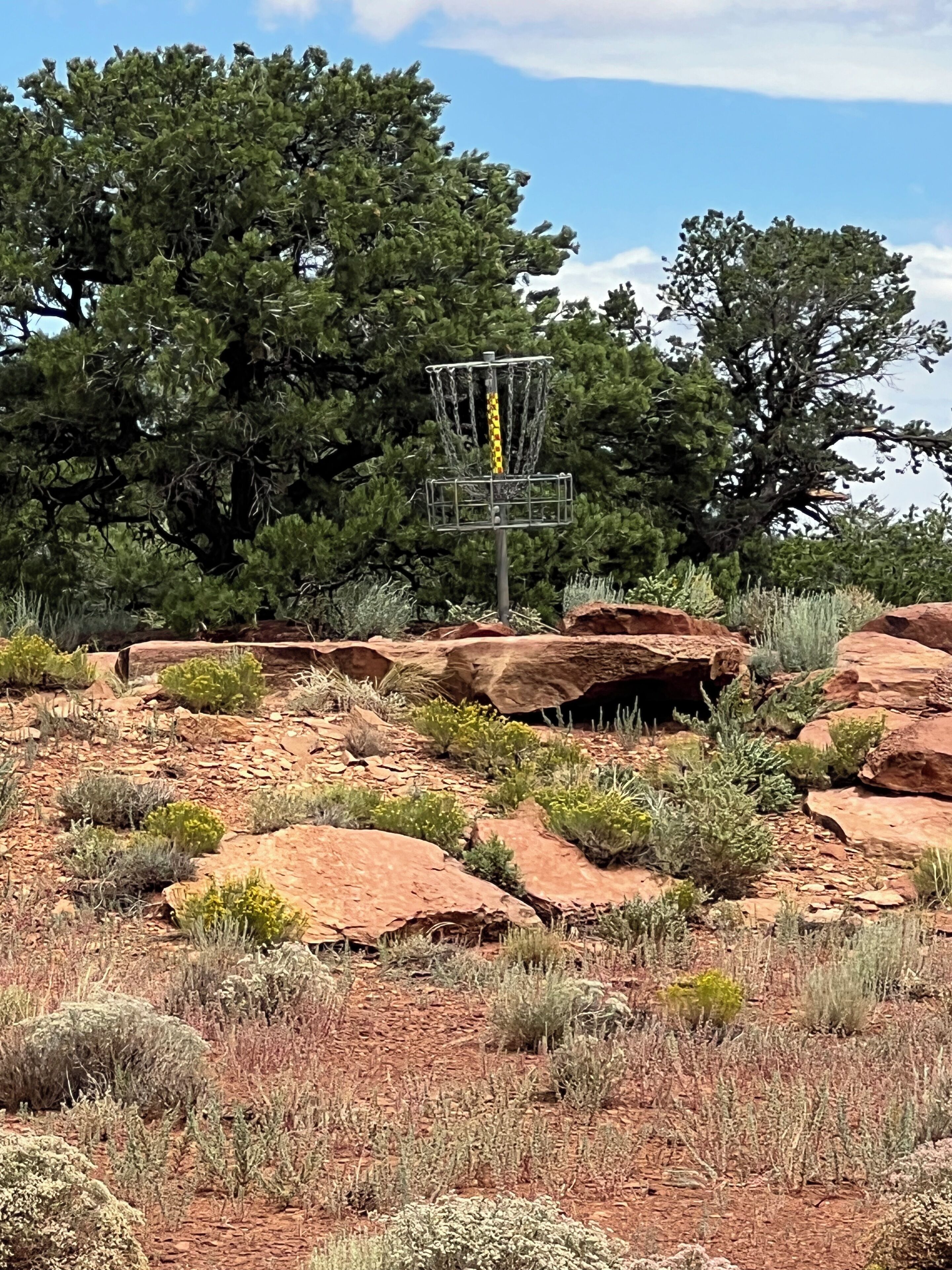 Un panier de disc golf installé dans un environnement naturel, avec des rochers rouges et des arbres verts.