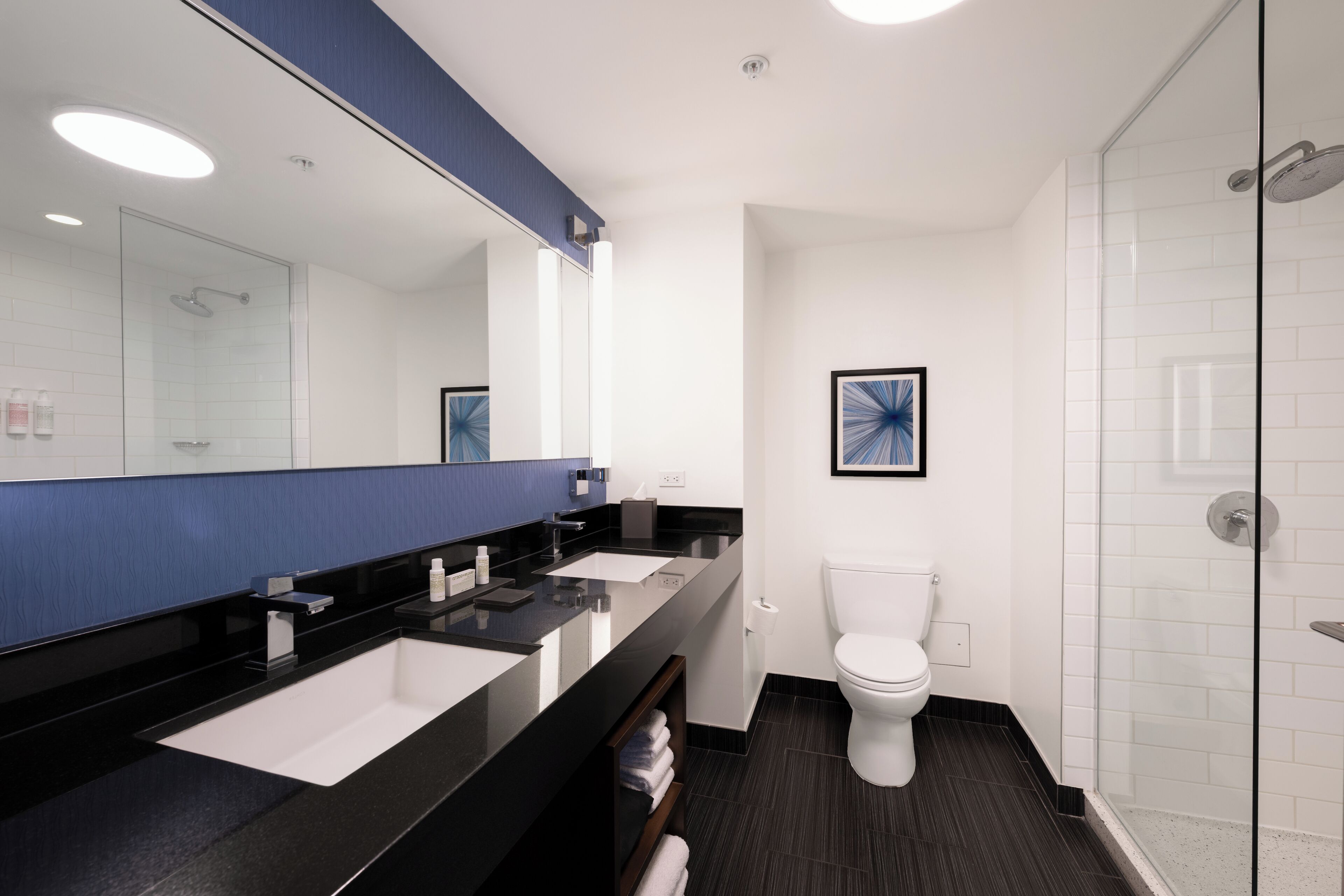 shower, designer toiletries, hair dryer, bathrobes