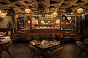 Un restaurante con zona de bar, con un diseño geométrico en el techo, plantas colgantes e iluminación cálida.