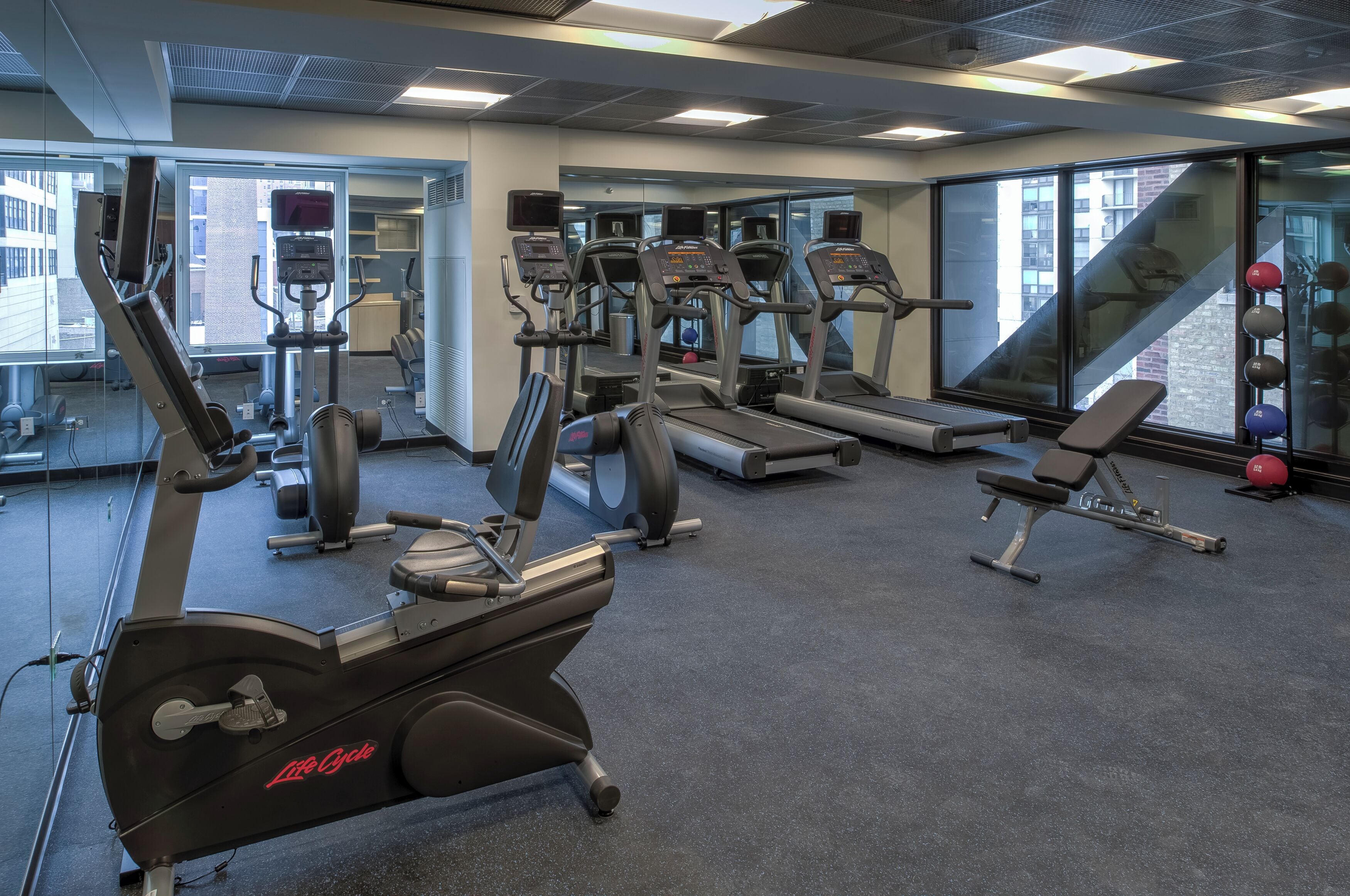 Un gimnasio con máquinas de cardio, bancos de pesas y pelotas de ejercicio.