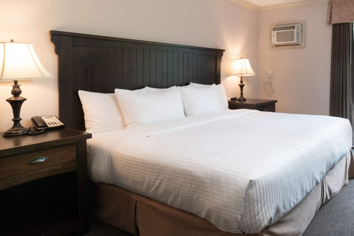 Une chambre d’hôtel avec un grand lit, deux tables de chevet avec des lampes, un téléphone et un appareil de climatisation.