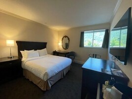 Habitación de hotel con cama, mesitas de noche, escritorio, silla, espejo y ventana con vistas a zonas verdes.