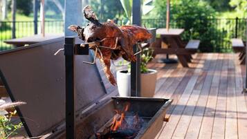 Dinner served, Mediterranean cuisine, garden views