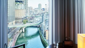 Uitzicht vanuit een hotelkamer op een stadsgezicht met een rivier, moderne gebouwen en een brug.
